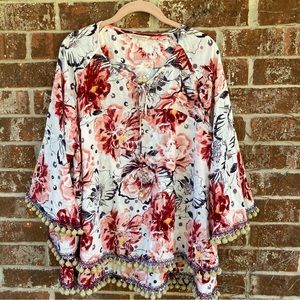 Soft surroundings Blouse Floral Tassel Pom Poms Size XL